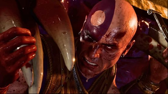 Baldur's Gate 3 companions: a bald man with a heavy face tattoo forces his way out of a creature from its mouth.