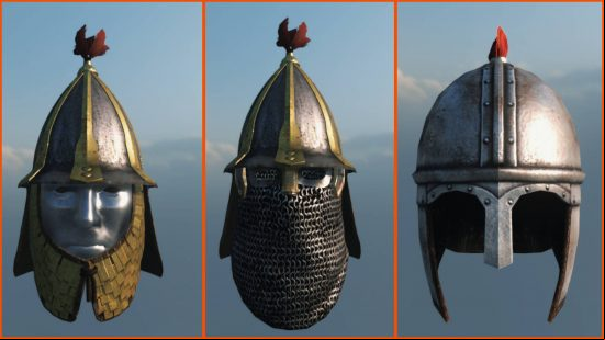 Best Bannerlord mods - three of the helmets from the Open Source Armory, shown on a background featuring the sky and some clouds.