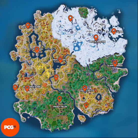 Fortnite bounty boards - a map of the island with orange pins showing the bounty board locations.