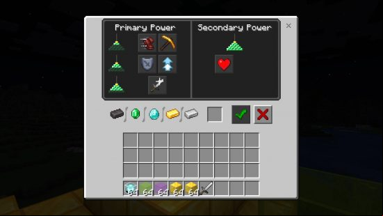 Minecraft beacon - a screen showing all of the powers a beacon can possess.