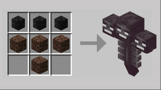 How to spawn a Minecraft wither: three wither skeleton heads rest on top of four soul sand in a t-shape