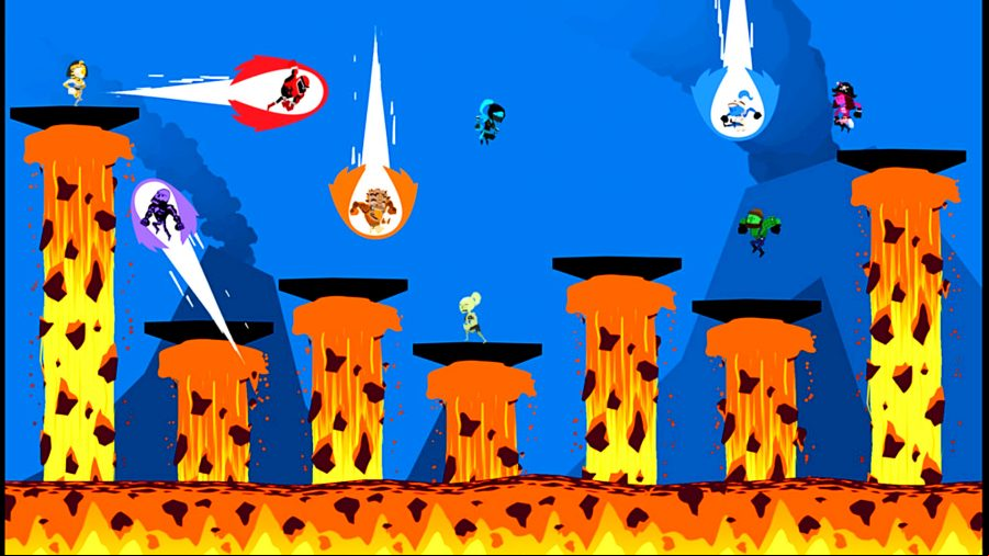 Runbow - several players race across platforms sitting atop pillars of lava