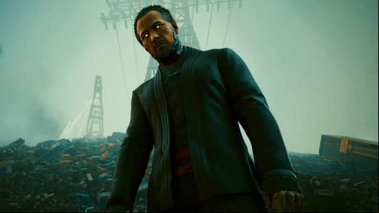 Cyberpunk 2077 disability: Goro Takemura standing over the player in a junkyard
