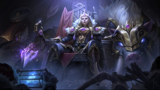 ranked rewards are Sejuani, Malzahar skins: A woman with a crown on sits on a throne wearing a fur lined royal coat with purple gems and gold lining