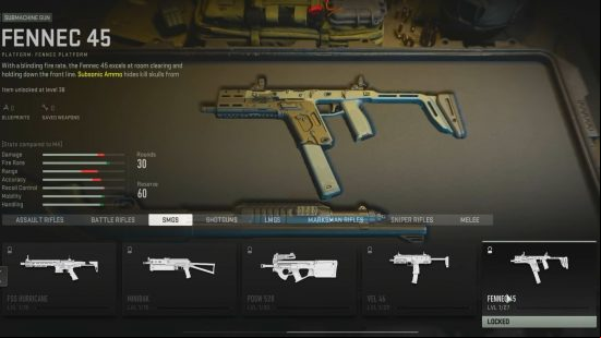 The best Modern Warfare 2 SMGs: the Fennec 45 SMG sits in a cushioned gun case