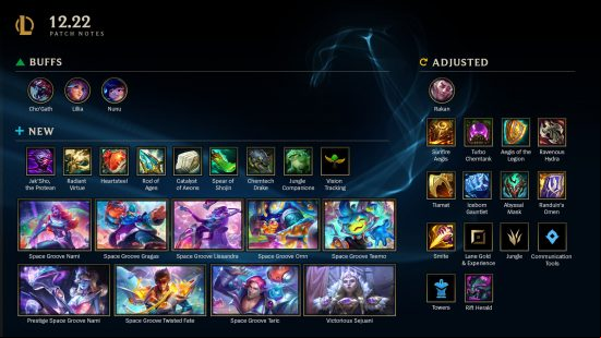 A League of Legends patch 12.22 infographic showing all of the changes to the Riot Games MOBA