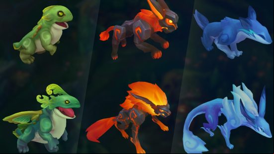 Artwork showing frog, cat, and fox creatures, then evolved versions of each animal