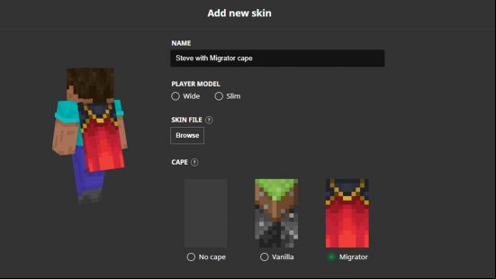 Minecraft capes: the launcher options for character editing, including the option to turn on capes., the Migrator cape, and the Vanilla cape, with the Steve character model wearing the Migrator cape