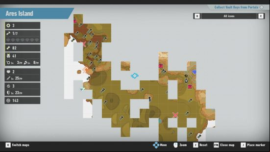 Sonic Frontiers map islands: a partially complete render of Ares Island. Many Memory Tokens are on screen, along with some missions, guardian fights, and even the blue Chaos Emerald.