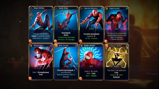 Best Midnight Suns Spider-Man build: a deck of cards showing all of Spider-Man's abilities