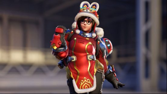 Overwatch 2 Lunar New Year event: The Mei Hu Tou Mao epic skin as depicted in the hero gallery, which features Mei in a red and gold tunic with bunny ears on her hat.