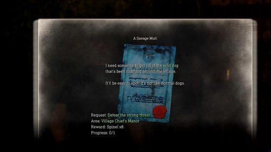Resident Evil 4 remake release date: An example of the blue flyer side-quests in Capcom's horror remake, noting that a wild dog has been roaming the village, with the request, area, reward, and progress.