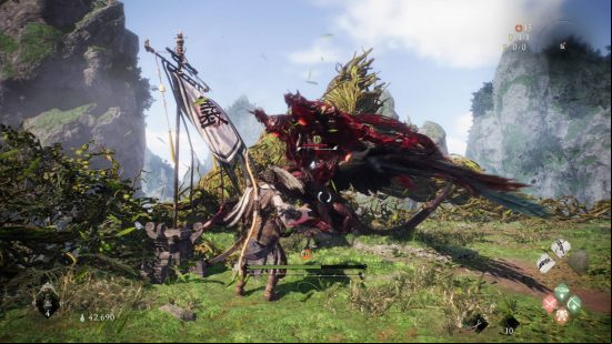 Wo Long best spells - the player is fighting against a bird-like monster during a trial on a secluded mountain area.