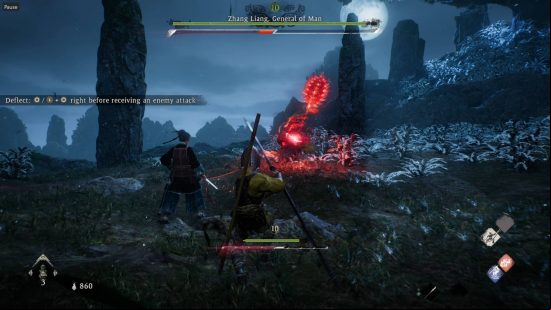 Wo Long deflect how to - Zhang Liang, General of Man is charging a critical blow by glowing red. The fight is taking place on a mountain top near a tree in the moonlight.