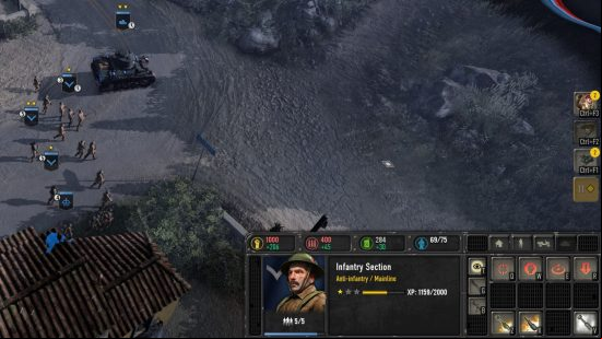 Company of Heroes 3 missions: Infantry soldiers selected in-game running across rocky terrain near a house