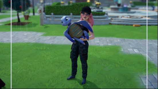 Dreamlight Valley critters: player carries the celestial turtle companion to take a selfie with it in her arms.