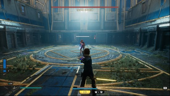 A warrior weilding a lightsaber stands in front of an enemy in a dark room.