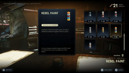 The vendor Zee sells new Star Wars Jedi Survivor colors and customization options