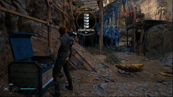A chest opens and shows the light metal Star Wars Jedi Survivor weapon colors and customization option