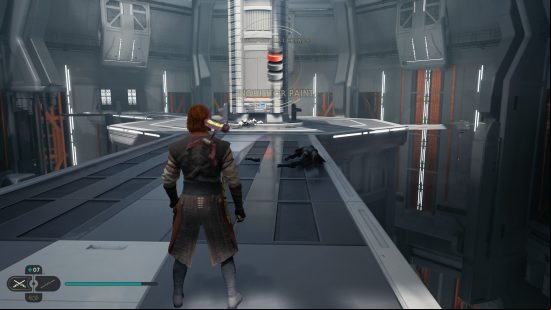 Cal Kestis walks across a platform to search for more Star Wars Jedi Survivor weapon colors and customization options
