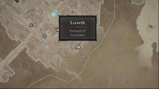 The Diablo 4 map with Lizveth, the Purveyor of Curiosities in the middle