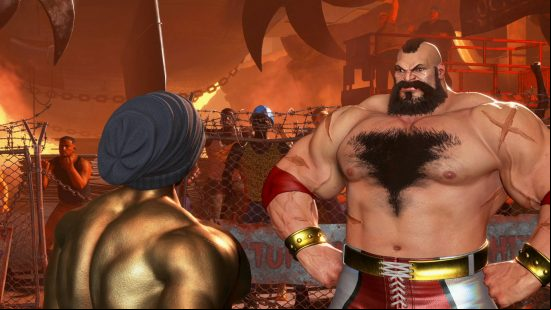 The player character has found Zangief, one of the Street Fighter 6 World Tour characters, in a makeshift wrestling ring.