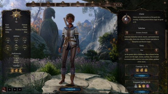 Baldur's Gate 3 Cleric: a woman dressed in chainmail with a mace o her back and some in-game menu screens.