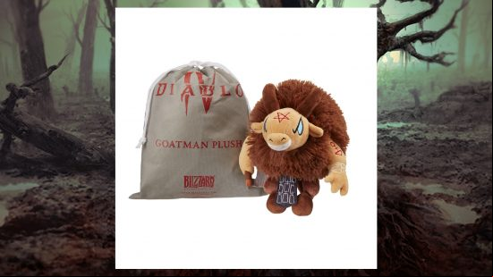 A cute plush of a goat creature with a pentagram carved into its head on a white background