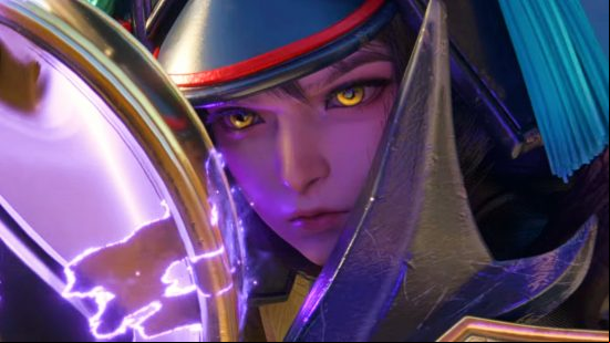 Naraka Bladepoint patch changes - a woman glares from behind her large blade, purple energy crackling across it.