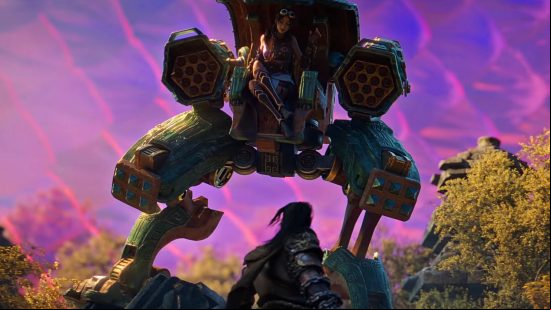 Naraka Bladepoint update - a man looks up at a woman in a large mech.