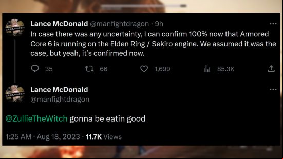 Armored Core 6 game engine - Lance McDonald tweets: "In case there was any uncertainty, I can confirm 100% now that Armored Core 6 is running on the Elden Ring / Sekiro engine. We assumed it was the case, but yeah, it