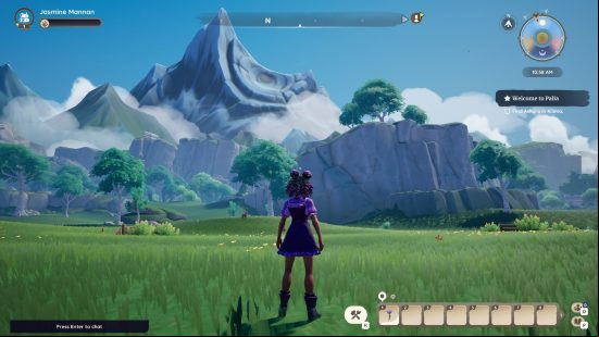 A cartoon woman stands in a grassy area in front of a huge mountain