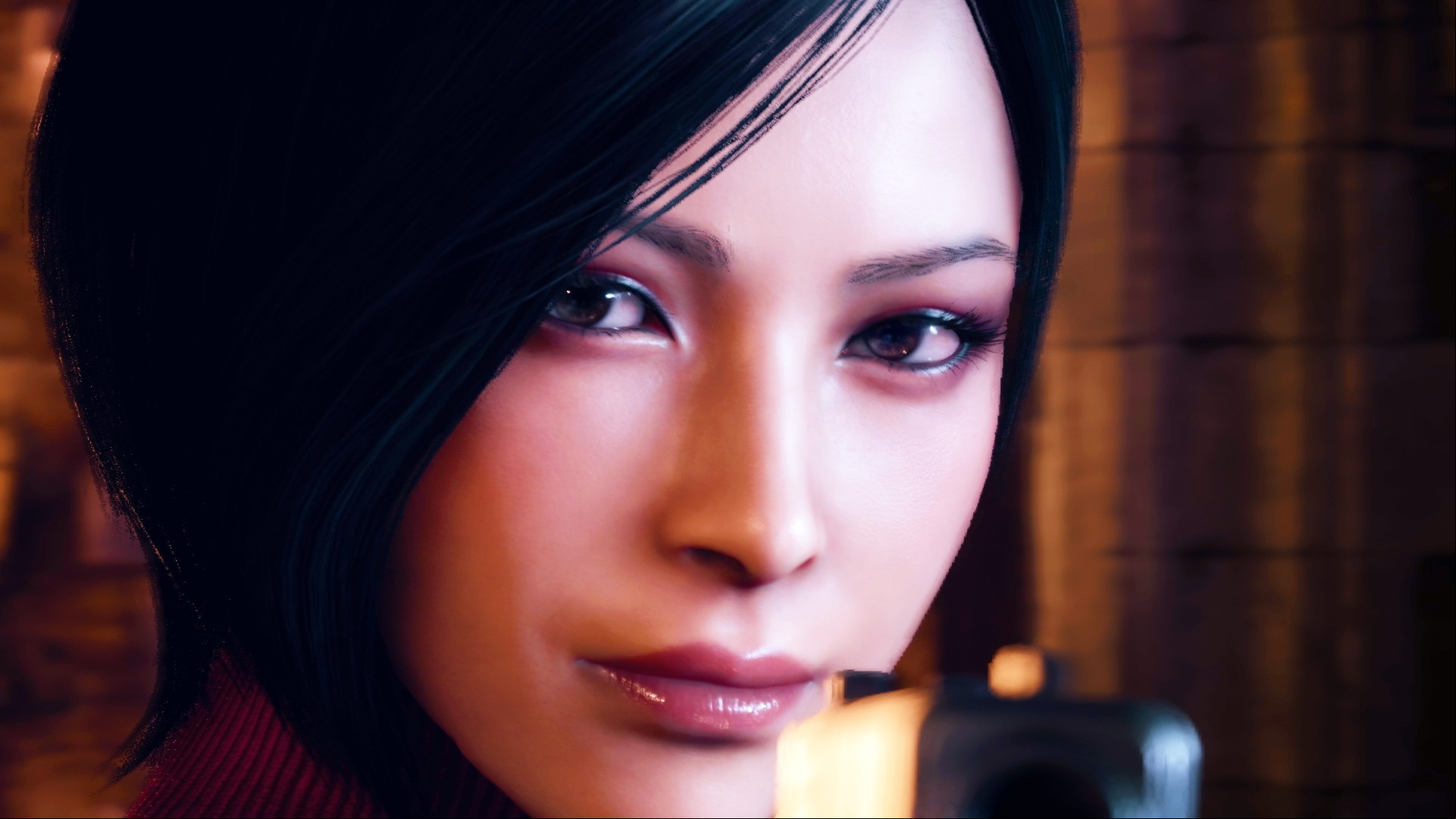Resident Evil 4 Remake no shooting: A secret agent with dark hair and a red dress, Ada Wong from Capcom survival horror game Resident Evil 4 Remake