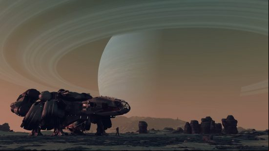 Starfield Ssmuggling: a spaceship lands on a barren planet, with another planet seen on the horizon.