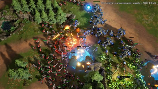 Stormgate gameplay - two Human Resistance forces in red and blue clash across the gap between two forests.
