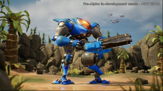 Stormgate Human Resistance - A blue Vulcan, a bipedal mech with a large gatling gun.