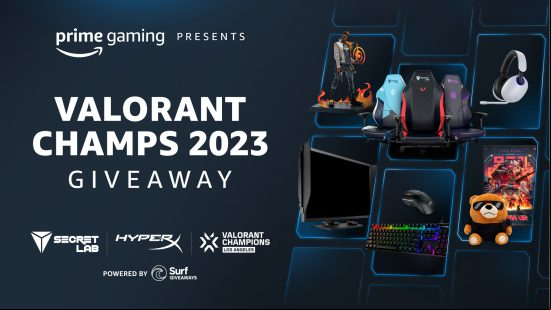 Valorant Champions giveaway promotional image, showing some of the available prizes.