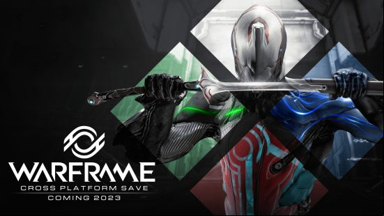 A ninja character across four diamonds with green, blue, and red and the Warframe logo