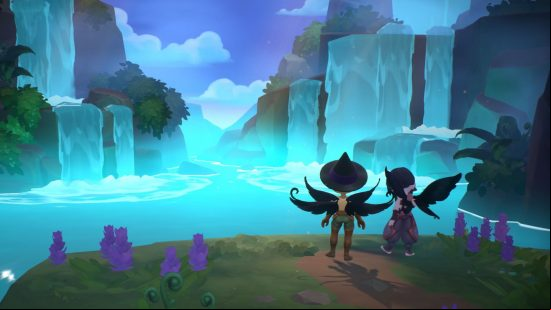 Fae Farm romance - two characters stand looking at a bright blue waterfall