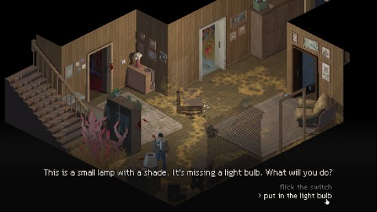 Holstin demo - Protagonist Tomasz examines a lamp missing its lightbulb, which can be used to light up a dark area covered in red growths.