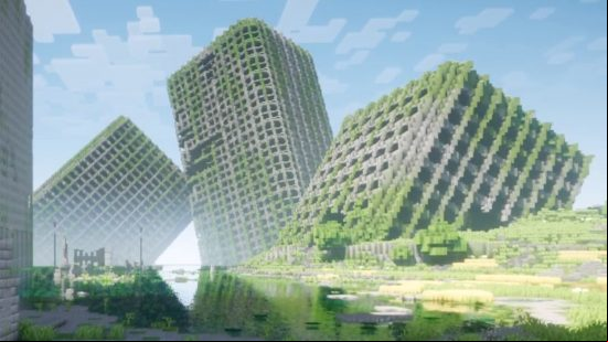 Three run down, office block buildings in an abandoned Minecraft city.