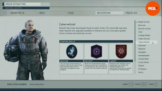 Starfield backgrounds: a menu screen showing the skills associated with the background cyberneticist.