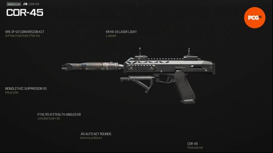 The Gunsmith preview of the best Cor-45 loadout in Modern Warfare 3.