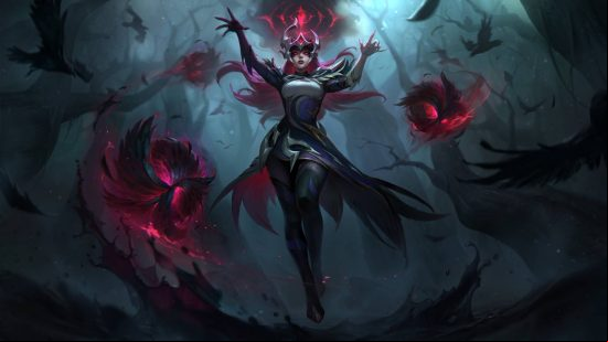 A witchy woman with flowing pink hair floats in a dark forest, conjuring balls of misty red energy