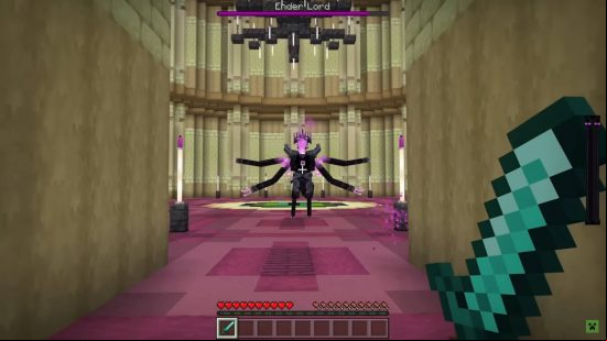 A Minecraft player with a sword runs towards a boss with four arms called the Ender Lord