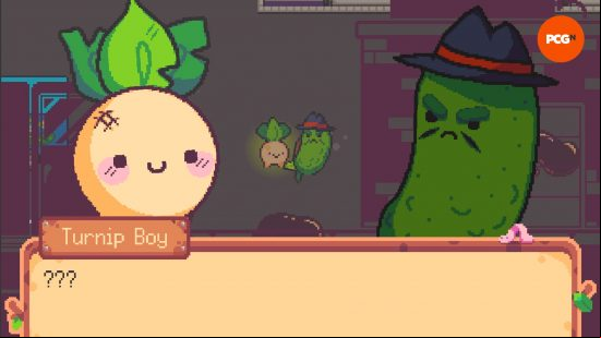 Turnip Boy has some questions for Dilliniti in Turnip Boy Robs a Bank, one of the best Steam Next Fest demos in October 2023.
