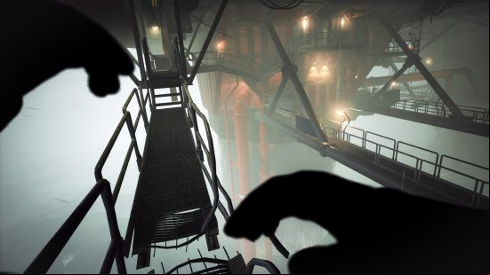 Still Wakes the Deep release date: Protagonist Caz stumbles along a gangway in the under-rig, throwing his hands up for balance.