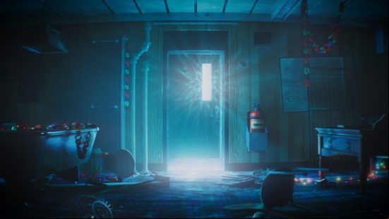 Still Wakes the Deep release date: An interior office cluttered with discarded strings of paper party rings and fairy lights, the reflection of the ocean painting shadows and light across the walls.