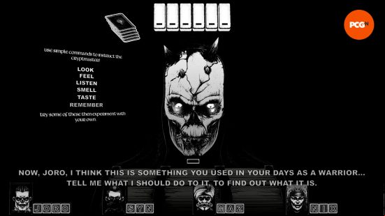 Cryptmaster gameplay - The skull-faced Cryptmaster poses you a task to discover what item he's looking at: "Now, Joro, I think this is something you used in your days as a warrior... Tell me what I should do to it, to find out what it is."