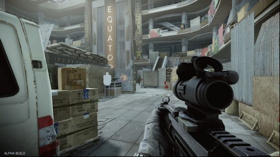 Escape from Tarkov Arena: POV of someone holding a large assault rifle.